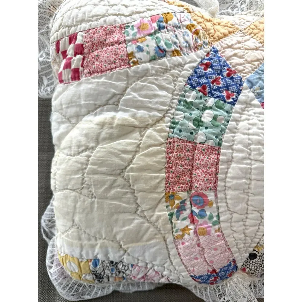 Vintage Hand Quilted Double Wedding Ring Feed Sack Pillow 14x12 Lace 1920s